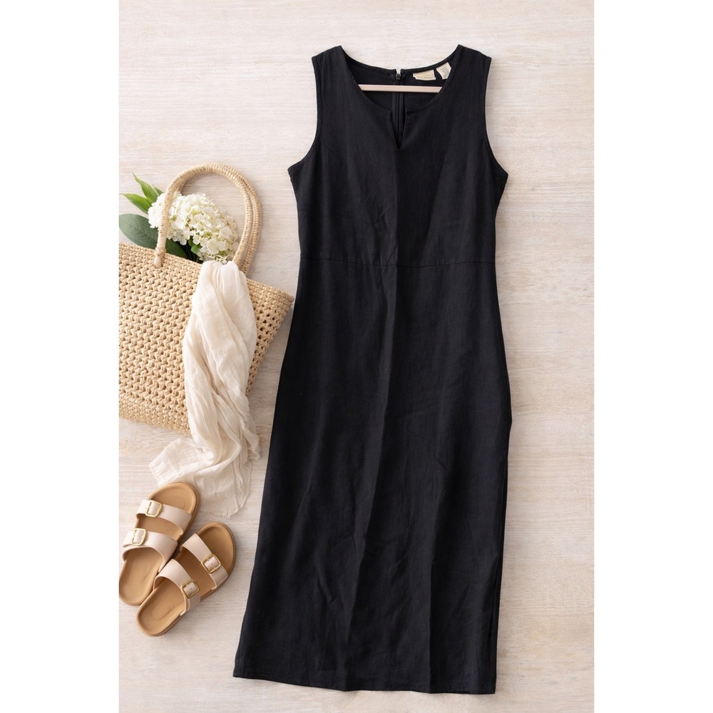 L.L. Bean Black Linen Midi Dress Womens‎ 10 Coastal Grandmother Minimalist